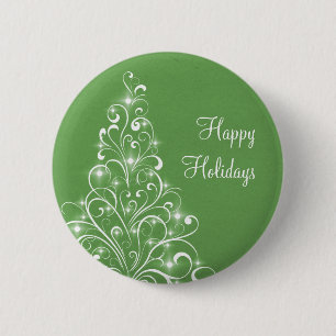 Badge Rond 5 Cm Bouton Arbre de Vacances Étincelant, Vert