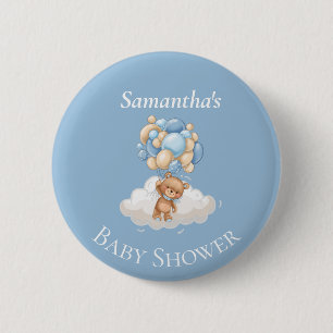Badge Rond 5 Cm Bouton Baby shower bleu Teddy Bear Balloons
