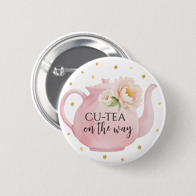 Badge Rond 5 Cm Bouton Baby shower de théière rose CU-TEA Favorise (Devant & derrière)