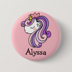 Badge Rond 5 Cm Bouton Balise Nom de la licorne rose mou