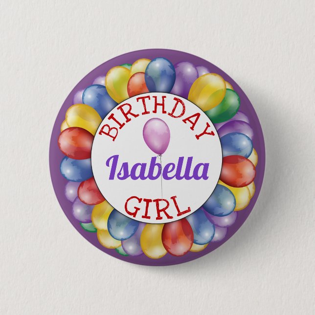 Badge Rond 5 Cm Bouton Ballons Fille Anniversaire violet rouge jau (Devant)