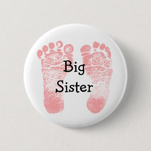 Badge Rond 5 Cm Bouton blanc et rose "Big Sister" Empreintes roses