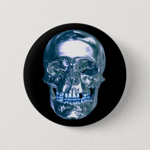 Badge Rond 5 Cm Bouton bleu Chrome Skull