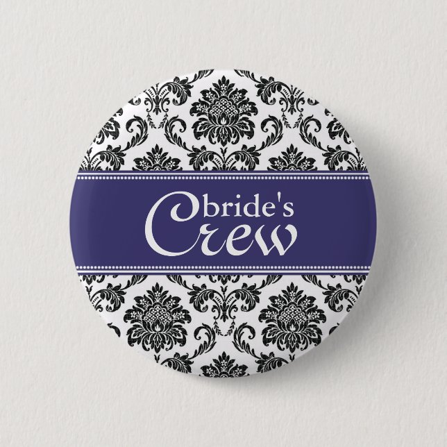Badge Rond 5 Cm Bouton bleu Damask Bride's Crew (Devant)
