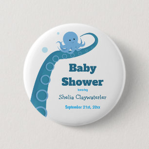 Badge Rond 5 Cm Bouton bleu de baby shower du poulpe  