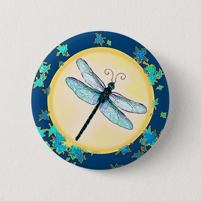 Badge Rond 5 Cm Bouton Bleu-dragon avec Feuille (Devant)