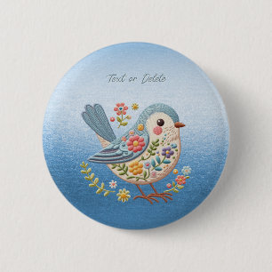 Badge Rond 5 Cm Bouton bleu Little Bird Floral Broderie