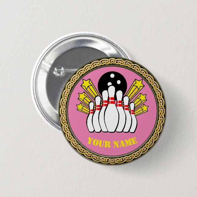 Badge Rond 5 Cm Bouton - Bowling - Ajouter un nom - rose (Devant & derrière)