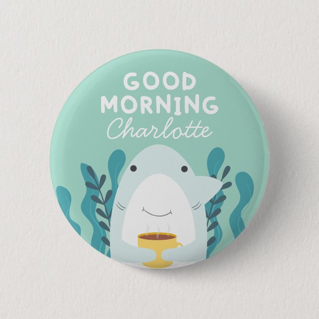Badge Rond 5 Cm Bouton Café Requin avec nom (Devant)