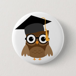 Badge Rond 5 Cm Bouton Casquette Geeky Owl avec lunettes et gradua