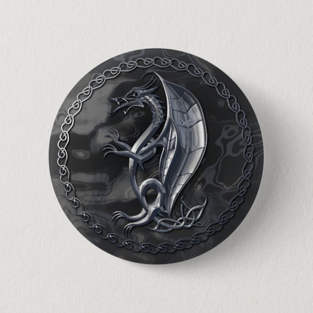 Badge Rond 5 Cm Bouton celtique argenté de dragon (Devant)