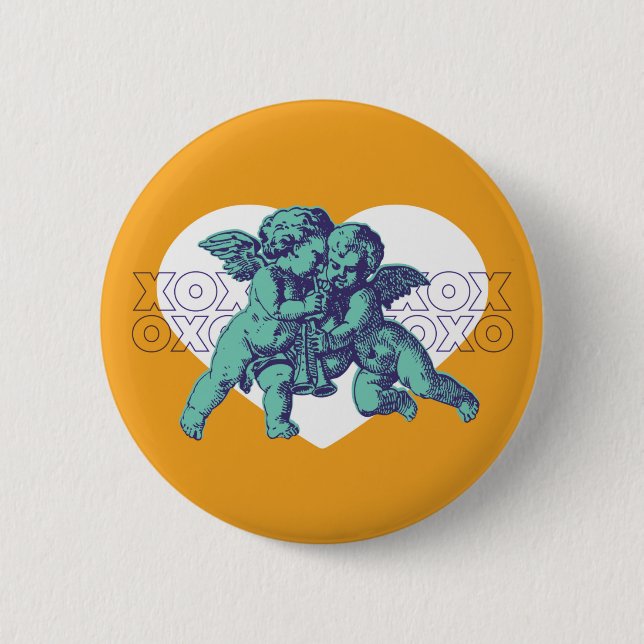 Badge Rond 5 Cm Bouton Coeur ange vert/orange (Devant)