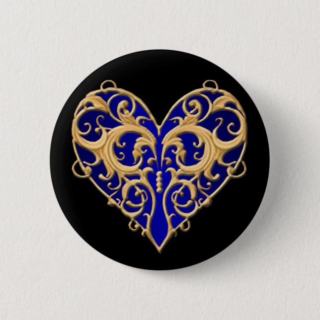 Badge Rond 5 Cm Bouton Coeur Filigree Bleu (Devant)