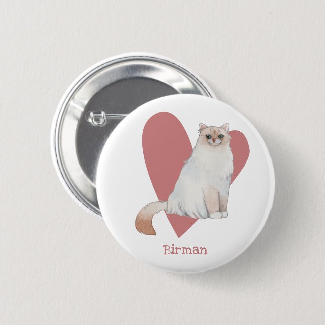 Badge Rond 5 Cm Bouton Coeur rose Kitty Chat Birman (Devant & derrière)