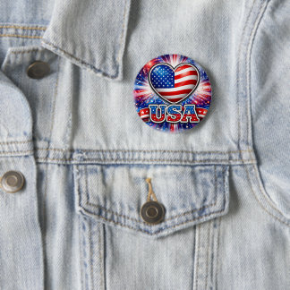 Badge Rond 5 Cm Bouton Cœur USA Patriotique – Drapeau Américain 