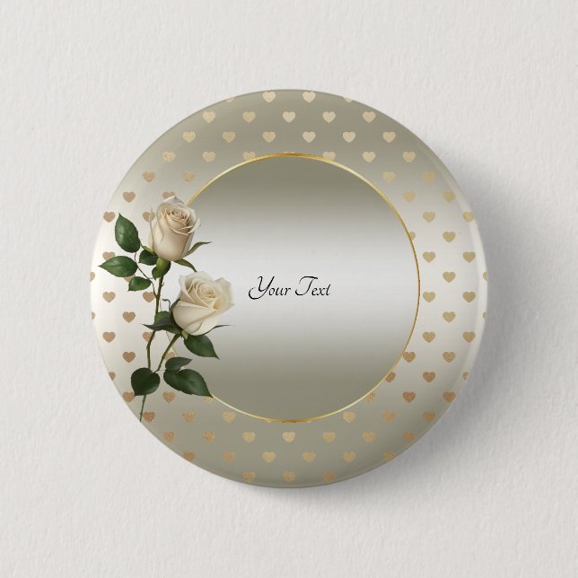 Badge Rond 5 Cm Bouton Coeurs or Roses blanches (Devant)