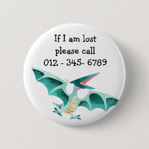 Badge Rond 5 Cm Bouton contact d'urgence pour enfant pterodactyl m