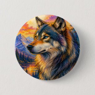Badge Rond 5 Cm Bouton Coucher de Soleil Loup Vibrant