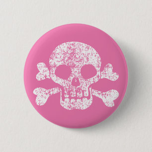 Badge Rond 5 Cm Bouton Crâne et os croisés rose