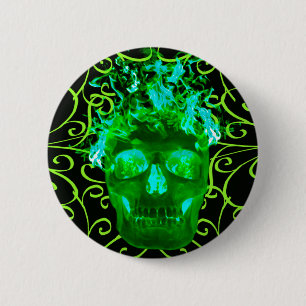 Badge Rond 5 Cm Bouton crâne flamme vert