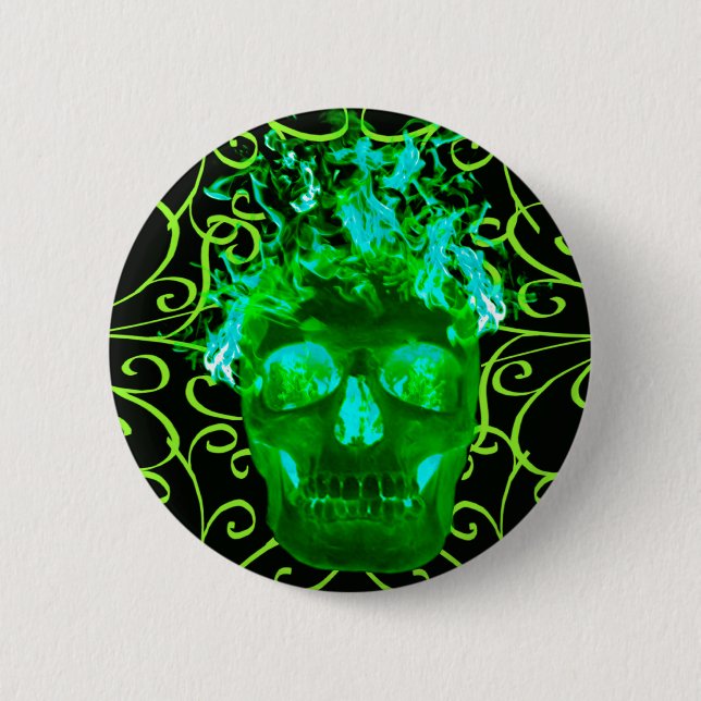 Badge Rond 5 Cm Bouton crâne flamme vert (Devant)
