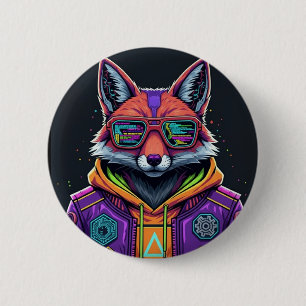 Badge Rond 5 Cm Bouton Cyber Fox – Art animalier Streetwear Néon
