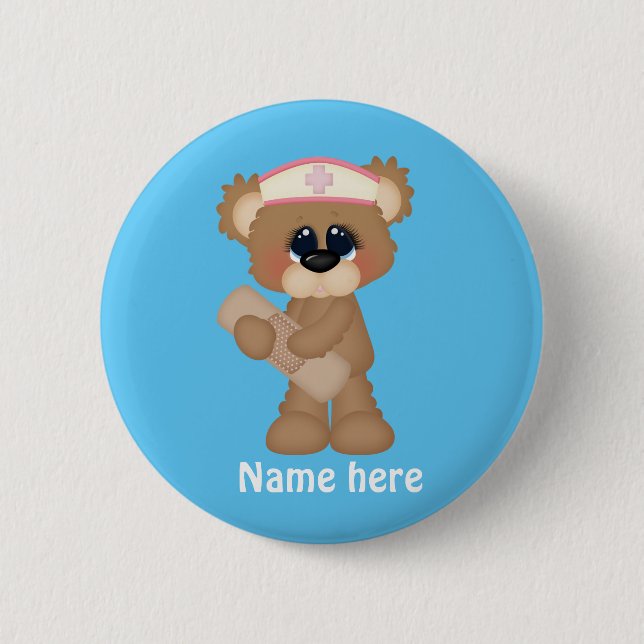 Badge Rond 5 Cm Bouton d'ajout de nom à l'ours infirmière (Devant)