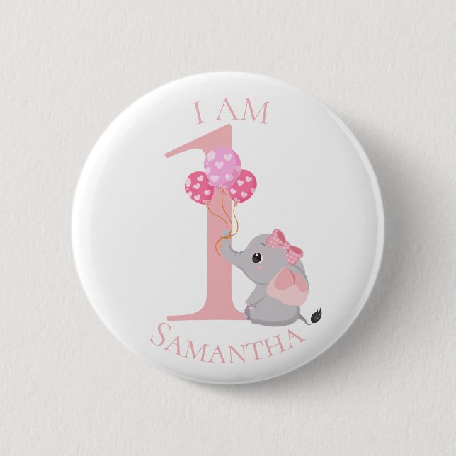 Badge Rond 5 Cm Bouton d'anniversaire bleu Eléphant rose (Devant)