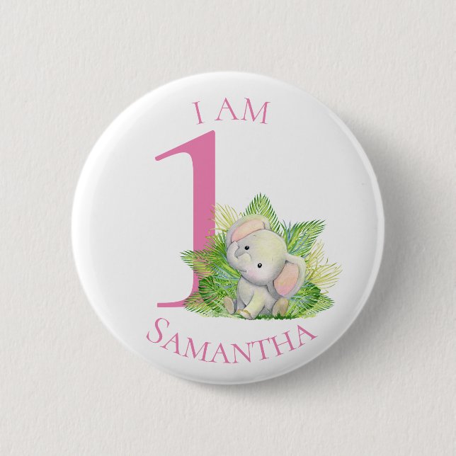Badge Rond 5 Cm Bouton d'anniversaire Safari Elephant rose (Devant)