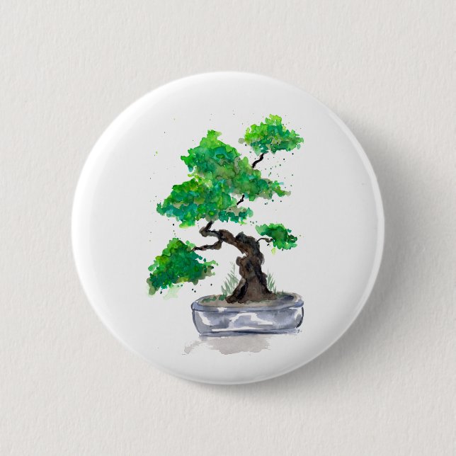 Badge Rond 5 Cm Bouton d'aquarelle Green Bonsai (Devant)