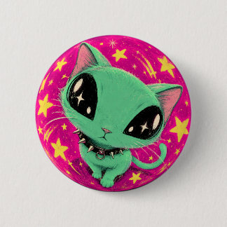 Badge Rond 5 Cm Bouton d'art spatial Fisheye Alien Cat