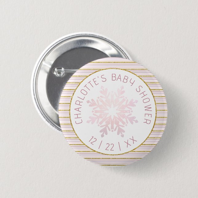Badge Rond 5 Cm Bouton de Baby shower de flocons de neige rose (Devant & derrière)