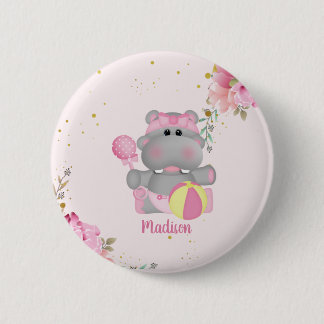 Badge Rond 5 Cm Bouton de Baby shower Hippo floral mignon personna