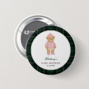 Badge Rond 5 Cm Bouton de Baby Shower Ourson Prépa Vert à Carreaux