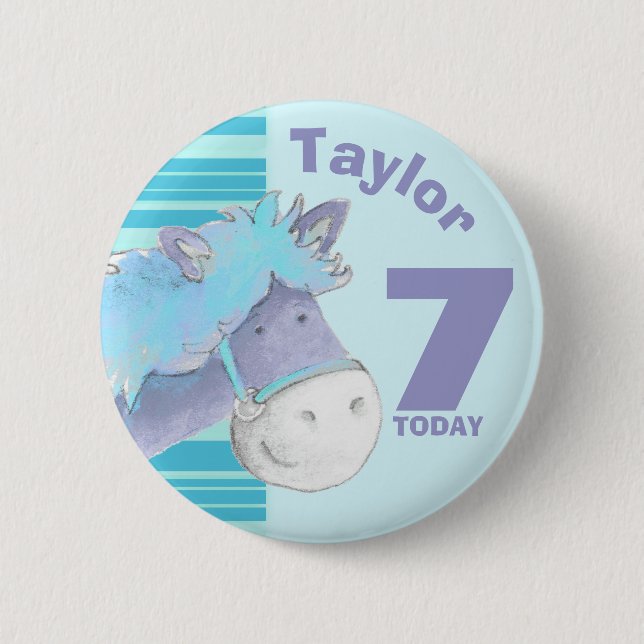 Badge Rond 5 Cm Bouton de bleu d'anniversaire d'enfants de cheval (Devant)