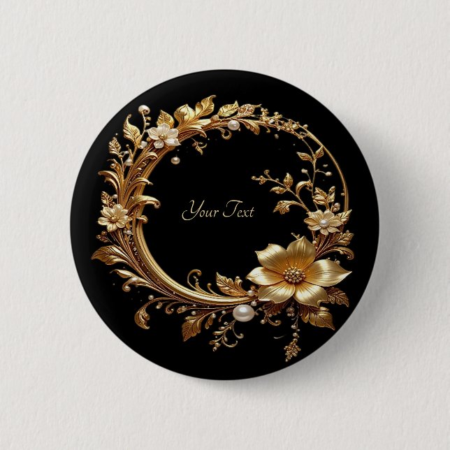 Badge Rond 5 Cm Bouton de cadre orné floral doré (Devant)