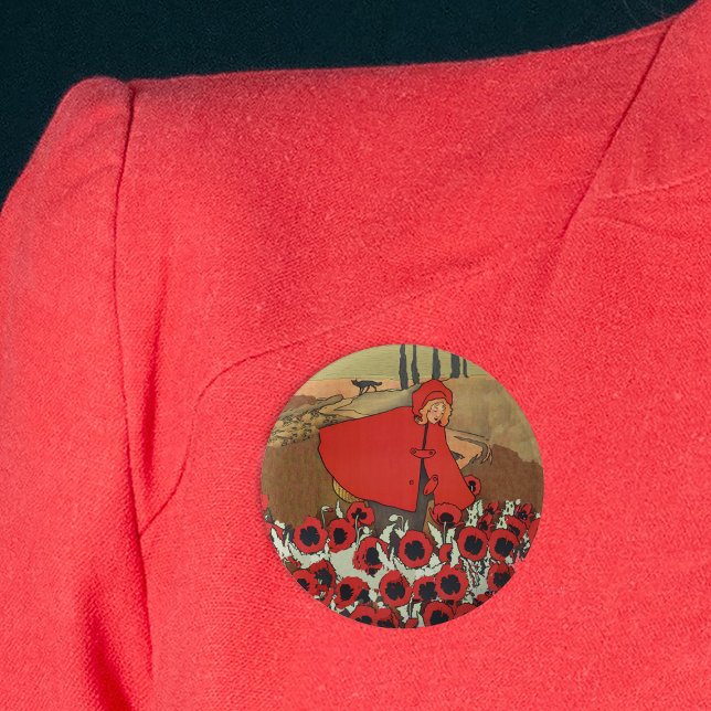 Badge Rond 5 Cm Bouton de cueillette de pavots à équitation rouge (Red Riding hood in red cape picking red poppy flowers in field wolf on round pink back button.)
