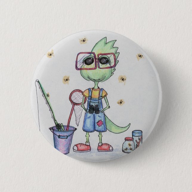 Badge Rond 5 Cm Bouton de dinosaure de pêche de mouche (Devant)
