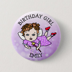 Badge Rond 5 Cm Bouton de Fée Violette Joliment Anniversaire Fille