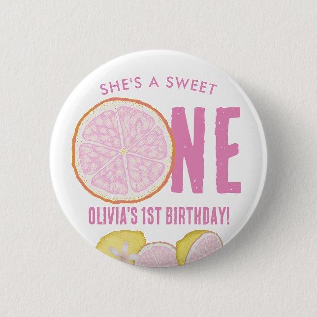 Badge Rond 5 Cm Bouton de fête d'anniversaire Sweet One Pink Lemon (Devant)
