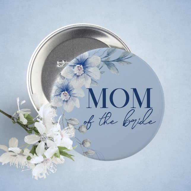 Badge Rond 5 Cm Bouton de Fête Prénuptiale Fleurs Bleues de Maman  (Mom of the Bride Watercolor Blue Floral Guest of Honor Buttons. 5 Sizes Available)