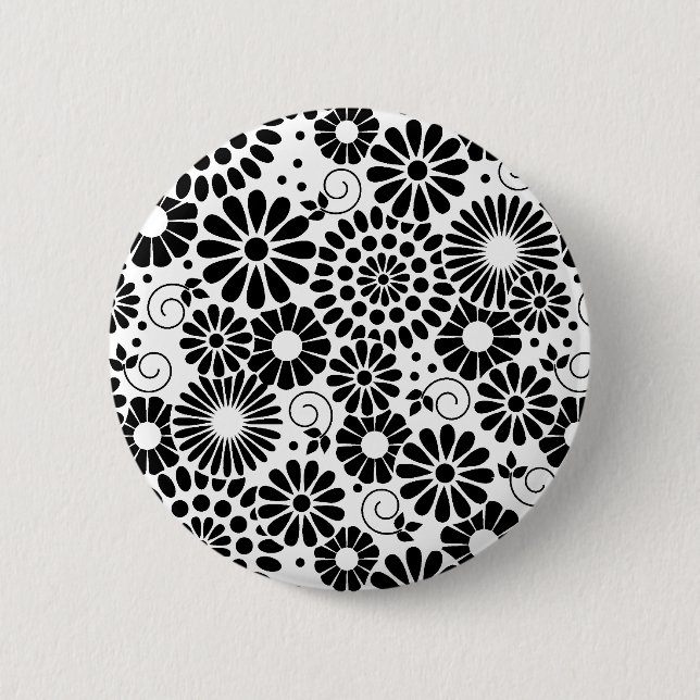 Badge Rond 5 Cm Bouton de fleurs blanches noir rétro (Devant)