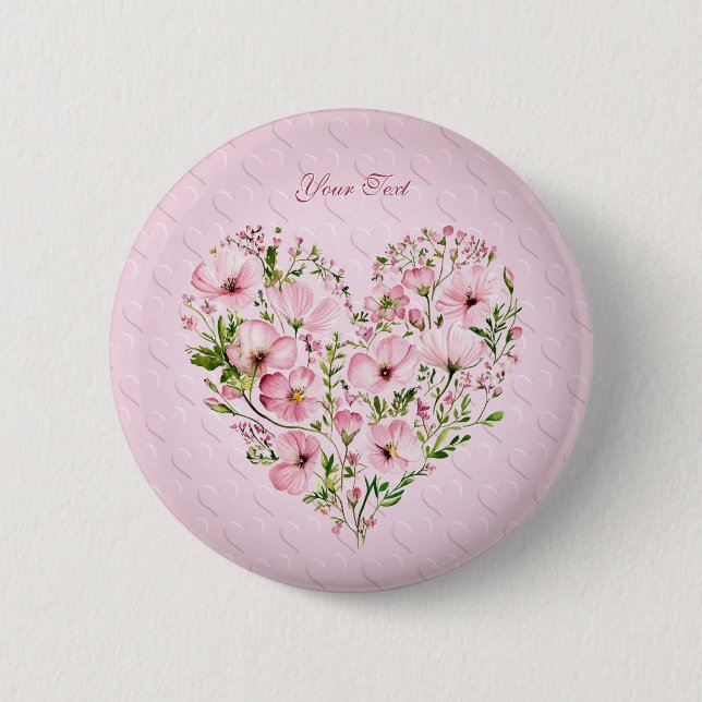 Badge Rond 5 Cm Bouton de fleurs de coeur rose (Devant)