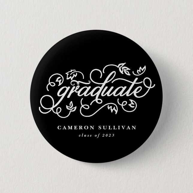 Badge Rond 5 Cm Bouton de Graduation de script floral noir Whimsic (Devant)