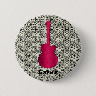Badge Rond 5 Cm Bouton de guitare Rockstar Damask, Magenta