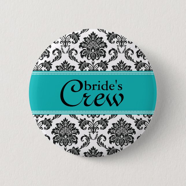 Badge Rond 5 Cm Bouton de l'équipage de la mariée turquoise Damask (Devant)