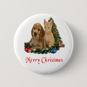 Badge Rond 5 Cm bouton de Noël avec chaton et chiot