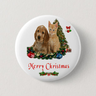 Badge Rond 5 Cm bouton de Noël avec chaton et chiot