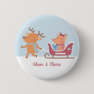 Badge Rond 5 Cm Bouton de Noël avec un renne mignon tirant un traî