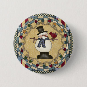Badge Rond 5 Cm Bouton de Noël - bonhomme de neige et oiseau roug